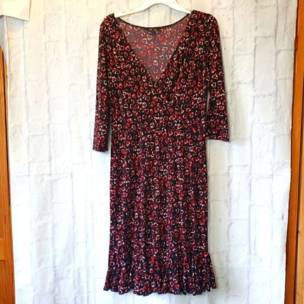 💜LILY Hearts Print  Faux Wrap Midi Dress Hearts Medium Jersey Knit
